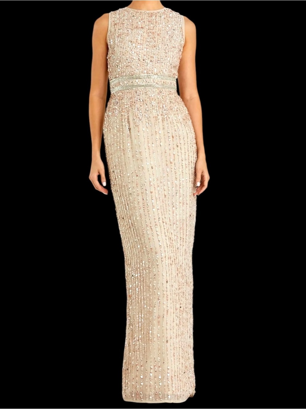Mac Duggal 93603 Sequined High Neck Sleeveless Column Gown Nude Champagne NWT